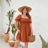 Plus Size Solid Color Casual Square Neck Vacation Dress with Smocked Puff Sleeves