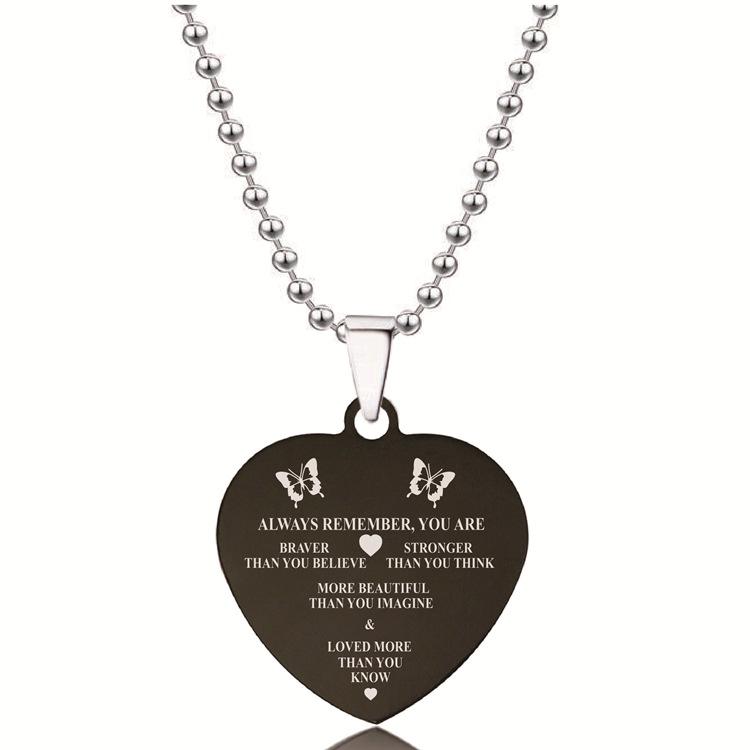 European-American Black Stainless Steel Heart Pendant Necklace – Engraved Titanium Steel Christmas Gift