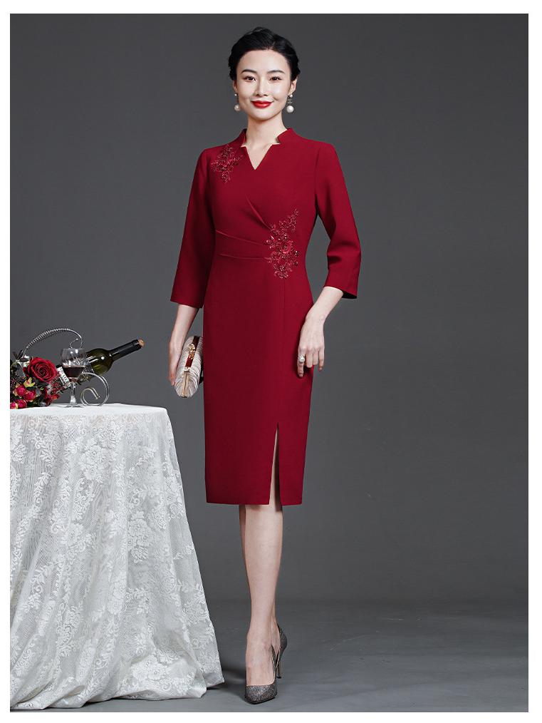 Elegant Wine Red Dress for Middle-Aged and Elderly Women - Mother of the Bride Wedding Banquet Formal Dress