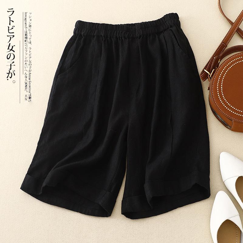 Real Shot Summer New Cotton and Linen Literary Large Size Thin Elastic Waist Loose A-shaped Wide-leg Shorts Women