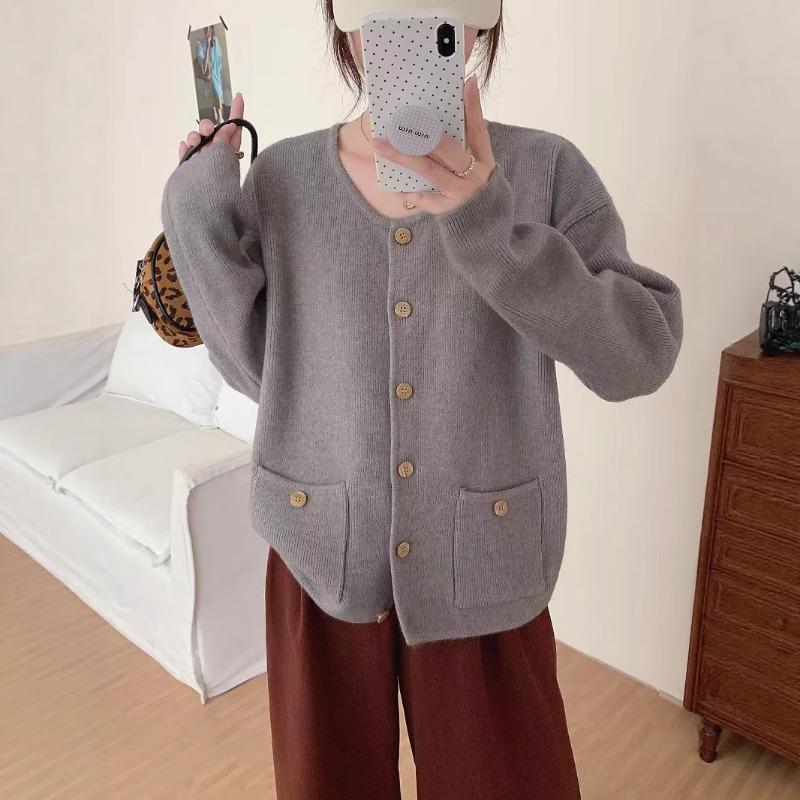 Autumn and winter new round neck single-breasted knitted cardigan women's loose and thin versatile sweater women's coat women
