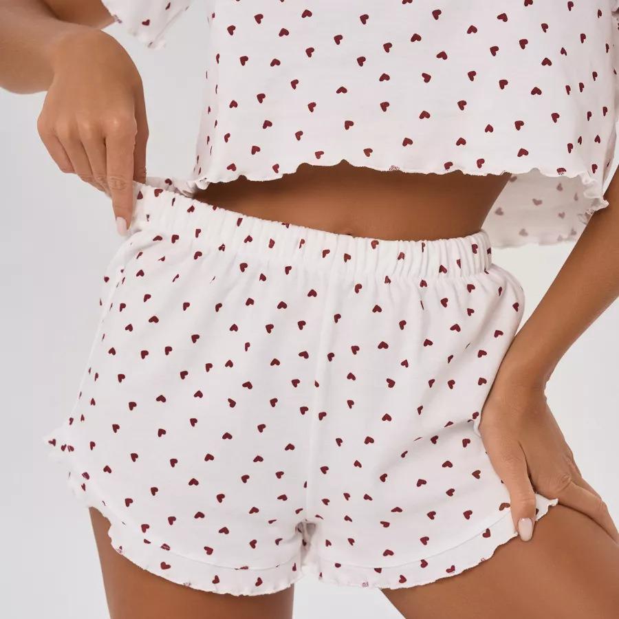 Russian Cotton Heart Print Pajama Set - Women's Short Sleeve & Shorts, European/American Style.