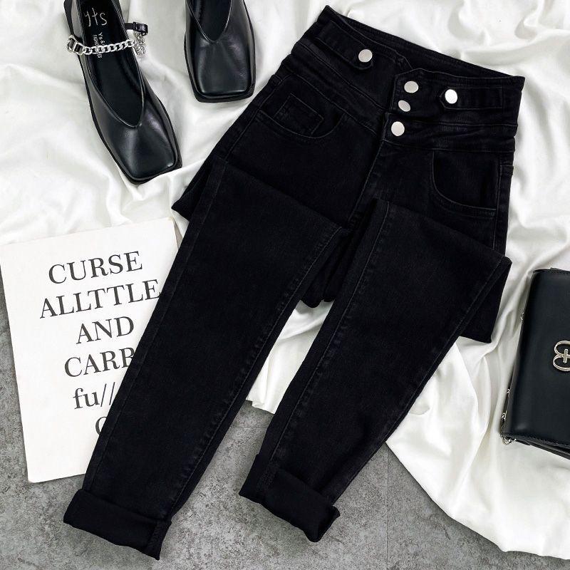 

Женские облегающие джинсы с высокой талией цвета дымчато-серого цвета на пуговицах - новые осенние эластичные брюки-карандаш с девятью точками XL