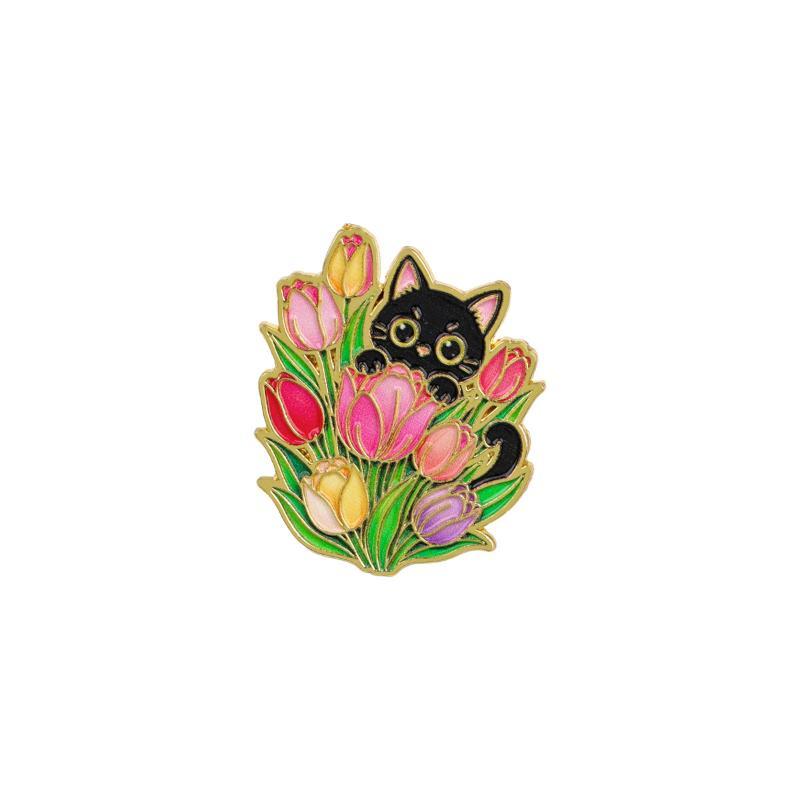 1/6Pcs Animal Brooches Flowers Enamel Pin Set Cartoon Black Cat Brooch For Coat Collar Lapel Pins Metal Badges Jewelry Gift