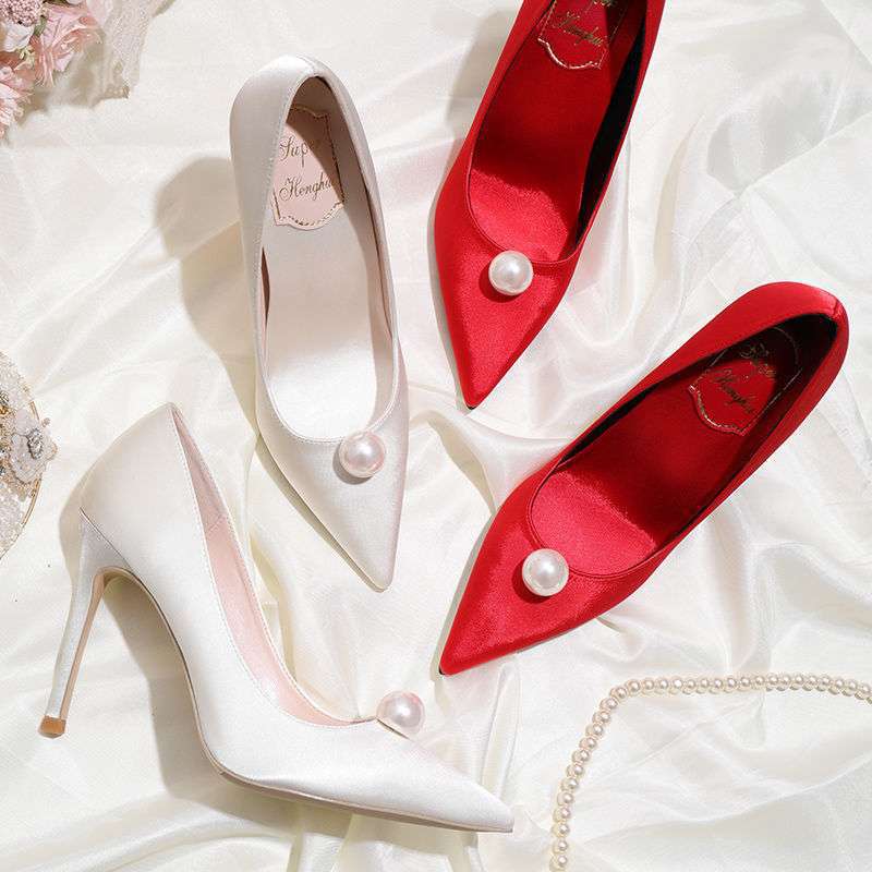 2025 New Pointed White Pearl High Heels 7cm Stiletto Green Single Shoes Women's Red Bridal Wedding Shoes