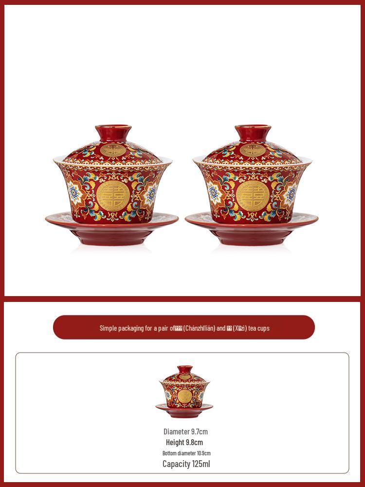 Red Newlywed Enamel Bowl & Chopsticks Set: Chinese Wedding Tea Ceremony Gift