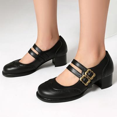 Vintage Women's Medium Heels Mary Janes Shoes 2025 Spring Fashion Black Brown Short Heeled Party Walking Shoes Female Pumps