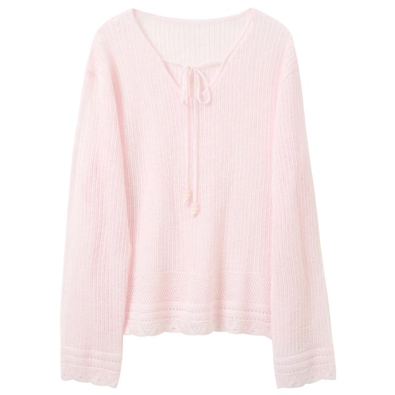 Sancai V-Neck Hollow Knit Long Sleeve Top S
