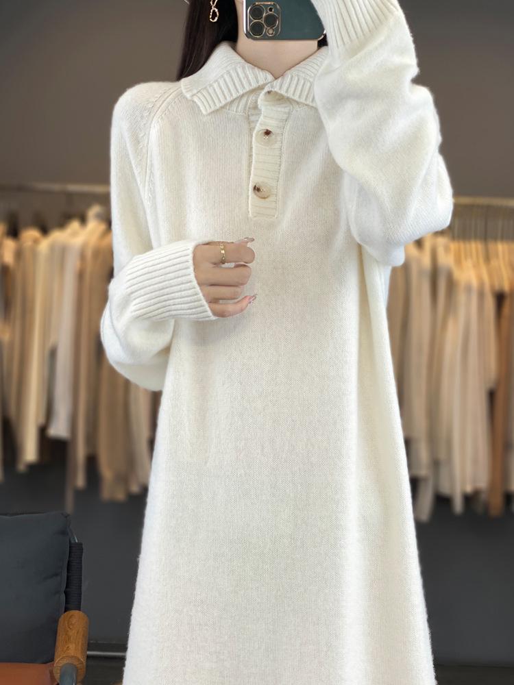 Women's 2024 Japanese Knit Polo Collar Wool Dress with Coat - Knee-Length, Thick and Stylish for Winter