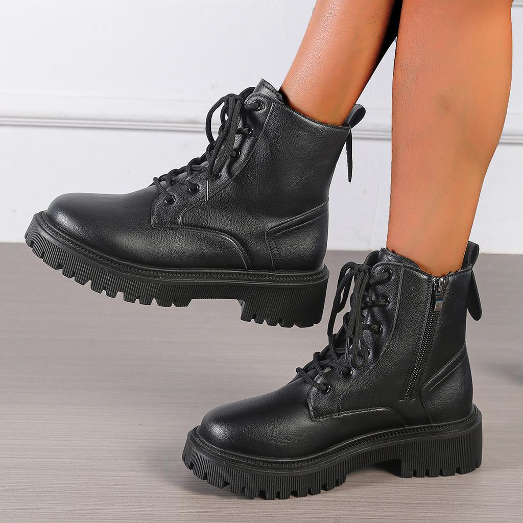 Moda 2024 Zima Grube Pluszowe Botki do Kostki Kobiety Moda Antypoślizgowe Platformowe Botki Bojowe Kobieta Sznurowane Zamek PU Skóra Botas Mujer