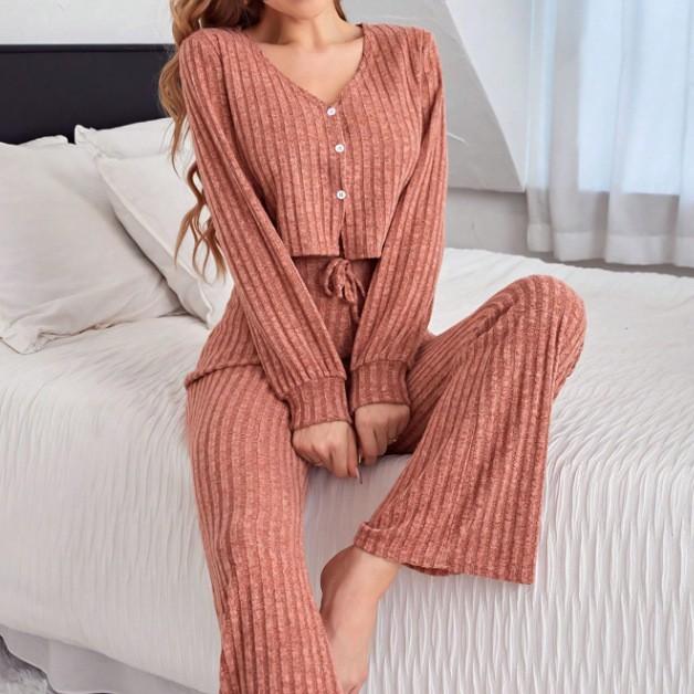 

Spring autumn Women Cardigan Sleepwear solid V-neck y2k Pajamas Set casual sexy crop Tops and Long Trousers Loungewear Nightwear 1XL