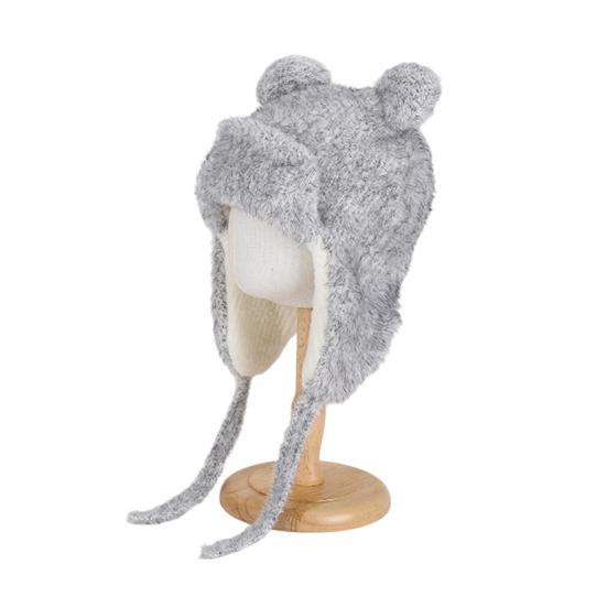 Children Hat with Windproof Rope Cartoon Bear Shape Soft Plush Inner Elastic Warm Hat Boys Girls Winter Headwear