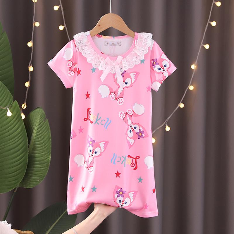 Lace Short Sleeve Cartoon Nightgown for Girls - Summer Pajamas