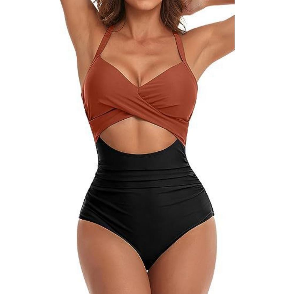 European and American One-piece Hard Bag Swimwear Hollow Solid Color High Waist Tight Swimsuit