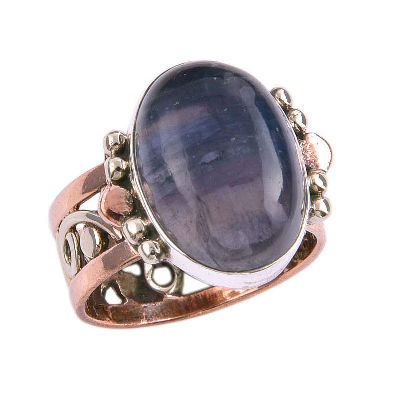 Anello in Argento Sterling 925 Bicolore con Pietra Naturale di Fluorite S.7.5 E1Z02