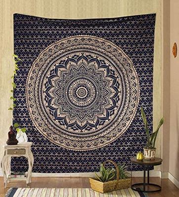 Indian Traditional Mandala Hippie Wall Hanging, Cotton Tapestry Ombre Bohemian Bedspread (Blue Gold)