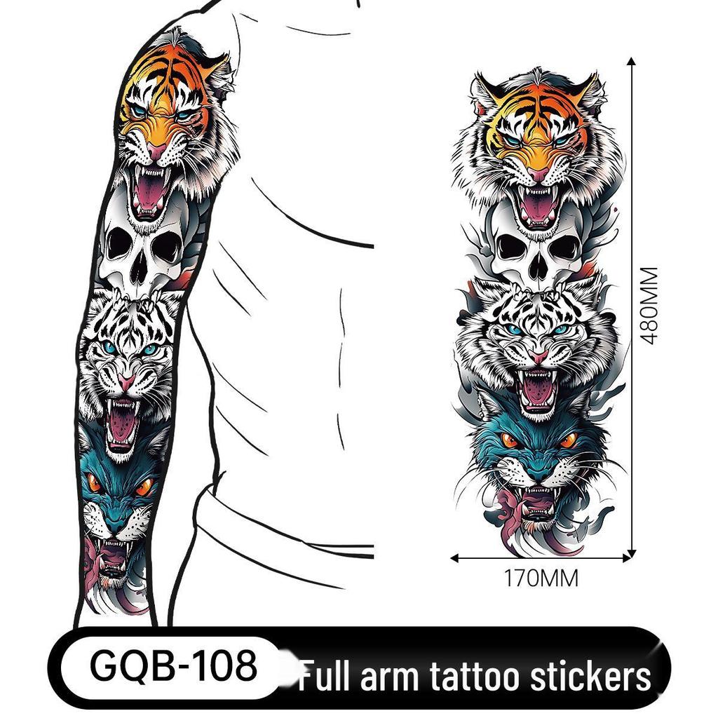 Adesivo Tatuaggio Completo per Braccio Uomo: Design Realistico Impermeabile, Motivo Tigre e Teschio