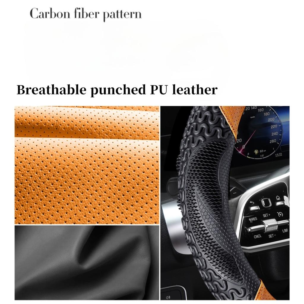 Sporty All-Season Steering Wheel Cover with Heat Embossing, Perforated PU Leather for Enhanced Grip - Fits 14.5-15 Inch Wheels
