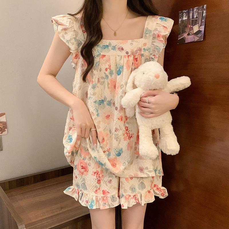 Summer Ladies Bubble Cotton Pajamas Homewear Set New Camisole Vest Shorts Pajamas Two-Piece New Sweet Homewear Pajama Set