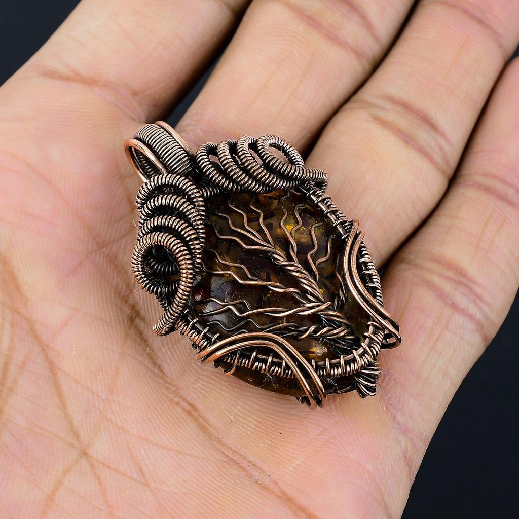 Bernsteinanhänger aus dem Baltikum, mit 999er Kupferdraht umwickeltes Edelsteinschmuckstück, handgefertigter Anhänger für den Muttertag