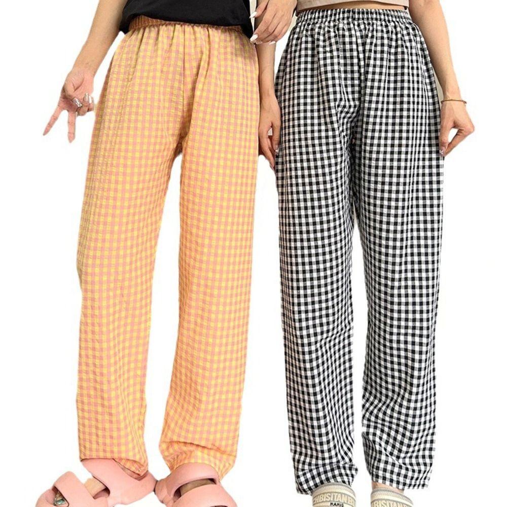 Trousers Stripe Grid Pants High Waist Loose-fit Plaid Sleepwear Lattice Pajams Pants Summer