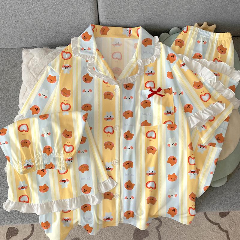 

Cartoon bear rabbit casual lace imitation cotton pajamas women s summer short-sleeved loungewear three-piece set 2XL [Recommended 135-75kg]