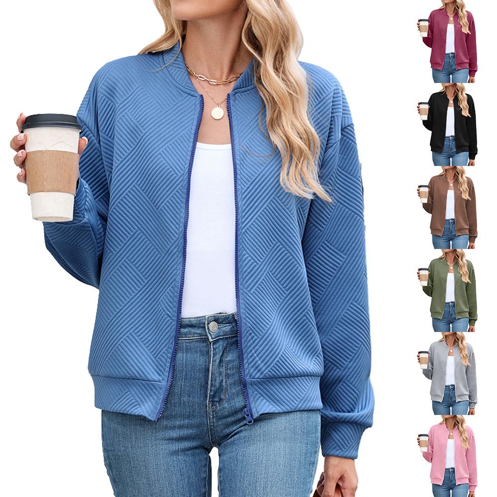 Women's Blue Textured Zip-Up Jacket with Multiple Color Options