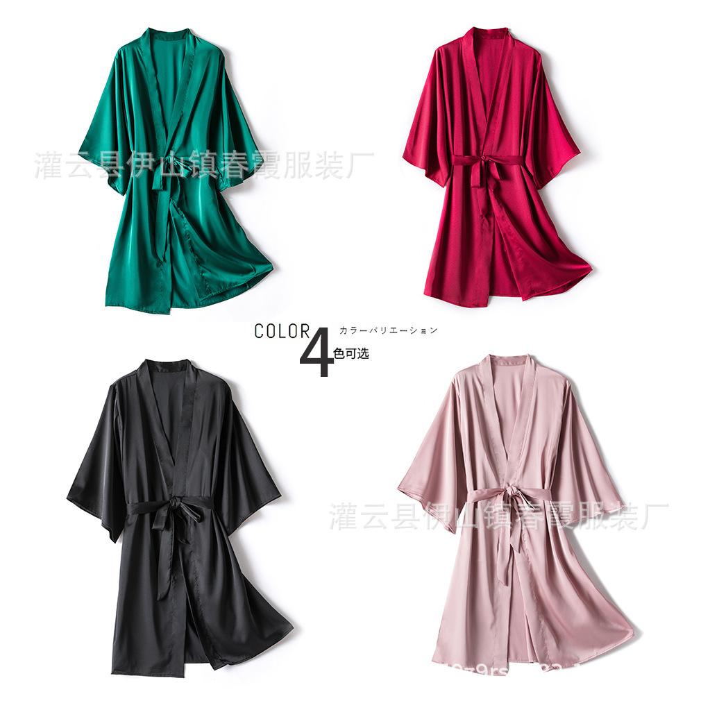 Elastic satin pajamas women's nightgown morning gown single bathrobe medium and long robe black sexy imitation silk