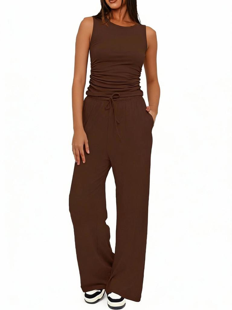 New Sleeveless Round Neck Ruffled Back Vest High Waist Fashion Wide Leg Pants