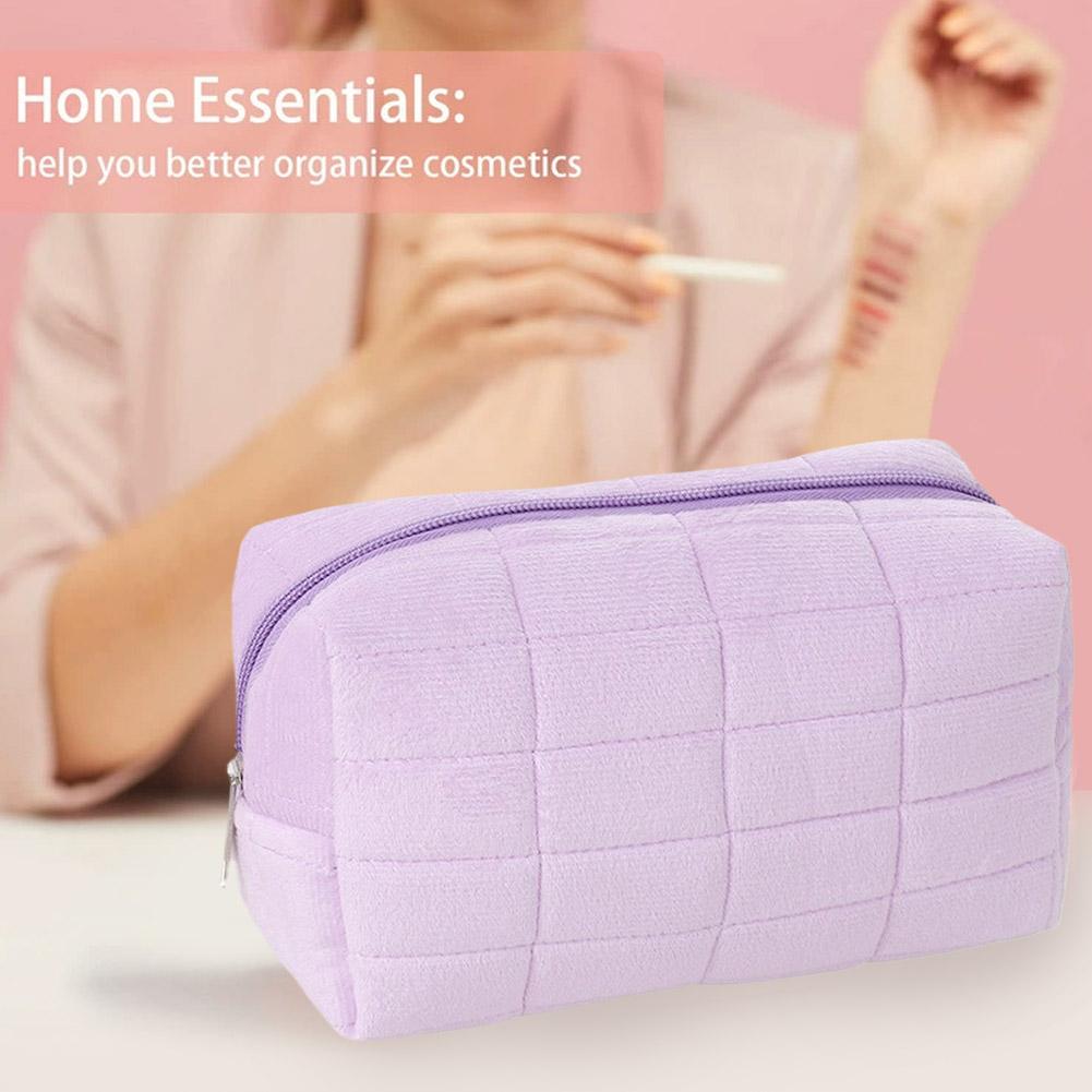 Geantă drăguță de machiaj de pluș pentru femei, genți portabile de călătorie mici, cu fermoar, de culoare solidă, geantă de toaletă, pungă de spălat, pungi de depozitare