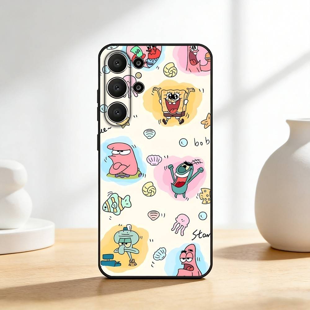 Animation S-Sponge B-Bob Phone Case For Samsung S26,S25,24,23,22,30,21,10,9,Ultra,Plus,Lite,FE Soft Black Case