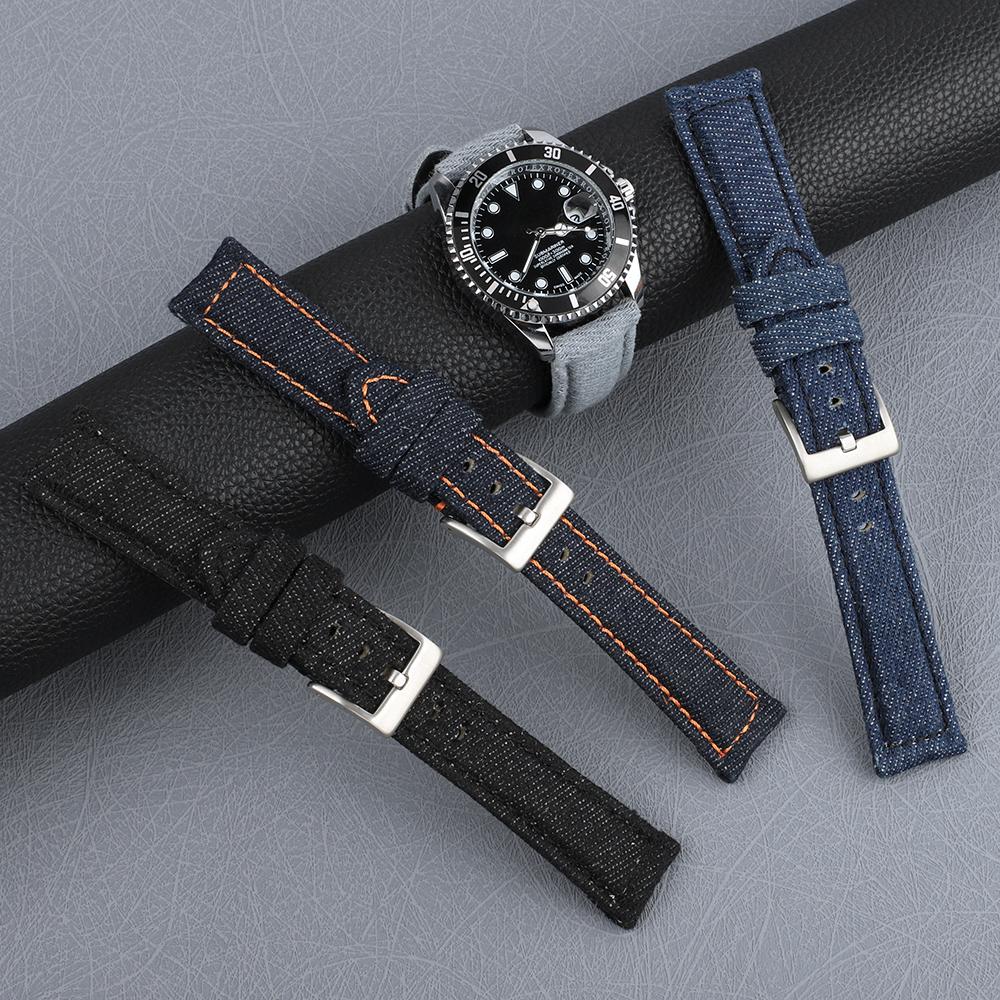 Vintage Handmade Denim Leather Watch Strap 20mm Blue Black Gray Watch Band for Men Women Wristband Bracelet Accessories