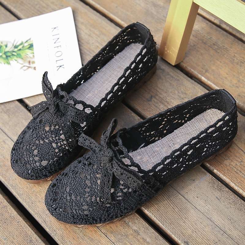 

Летние туфли из ткани с бантом женские дышащие кружевные ажурные туфли на мягкой подошве туфли-бини на плоской подошве туфли для беременных вечерние нежные туфли 40