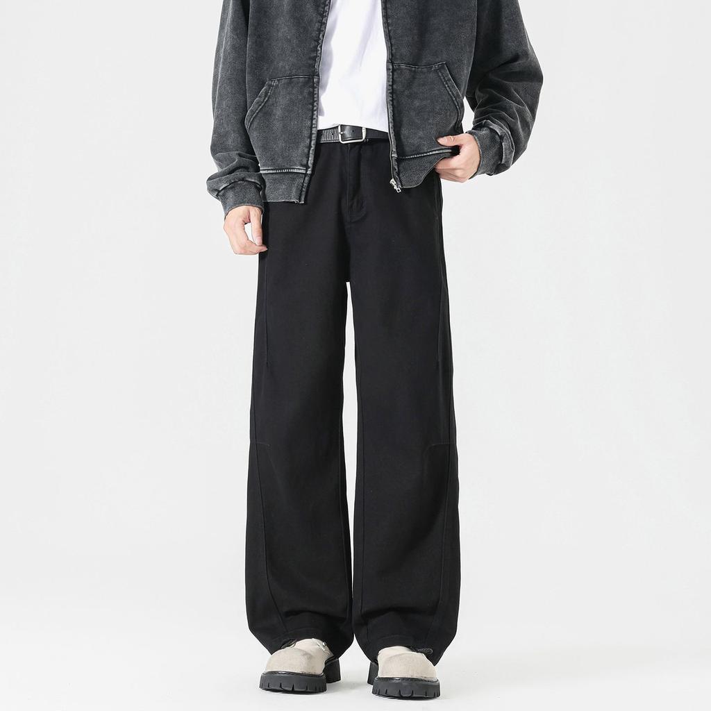 American Retro Trendy Brand Coarse Twill Tooling Casual Pants for Men, Solid Color Loose Wide-leg Drape Straight Trousers for Men