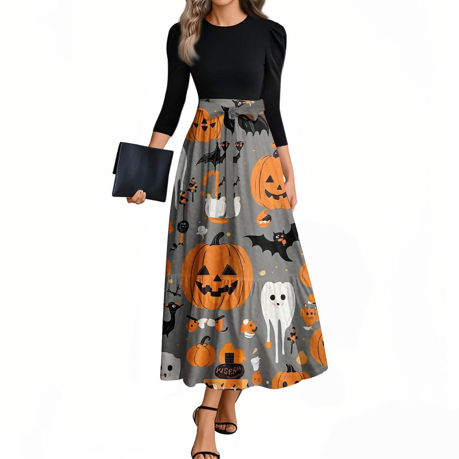 

Женские модные повседневные платья с поясом, рукавом три четверти, круглым вырезом, с принтом на Хэллоуин, элегантные, с темпераментом XL шафрановый