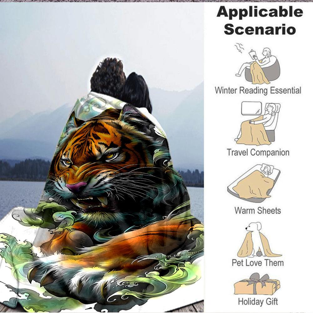 1PC Tiger Illustration Art Blanket - Soft Warm All-Season Throw for Sofa, Bed, Car, Office, Throw For Sofa Yy250916103