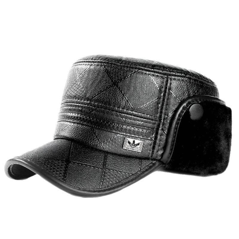 Winter New Men's Flat Top Hat Leather Hat Outdoor Windproof Grandfather Velvet Thickened Ear Protector Warm Hat