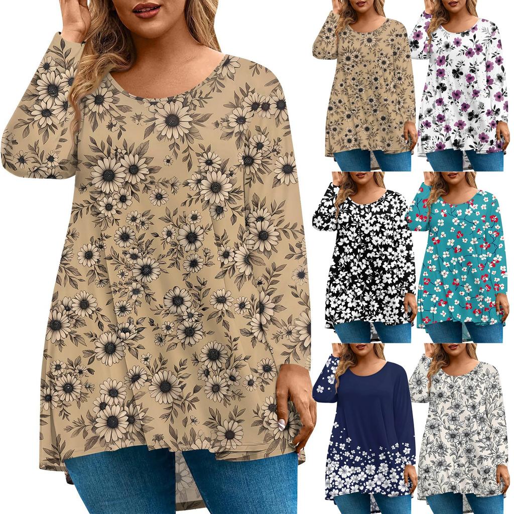 Dame Mote Stor Størrelse Rund Hals Langermet Casual Trykk Løs Pullover Topp