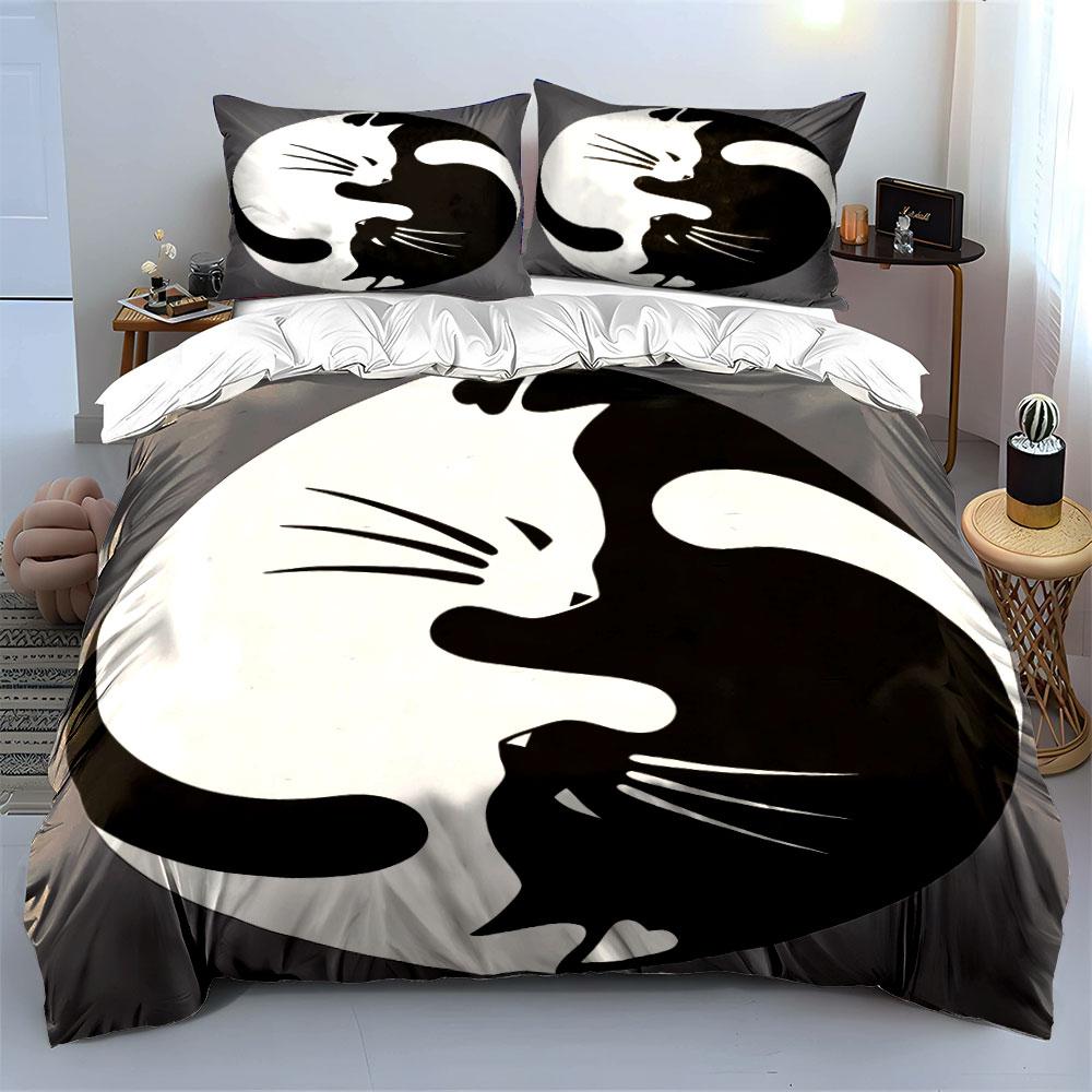 Yin Yang Cat Decor Set Soft Skin-Friendly Bedding Set Includes 1 Duvet Cover And 2 Pillowcase Gift