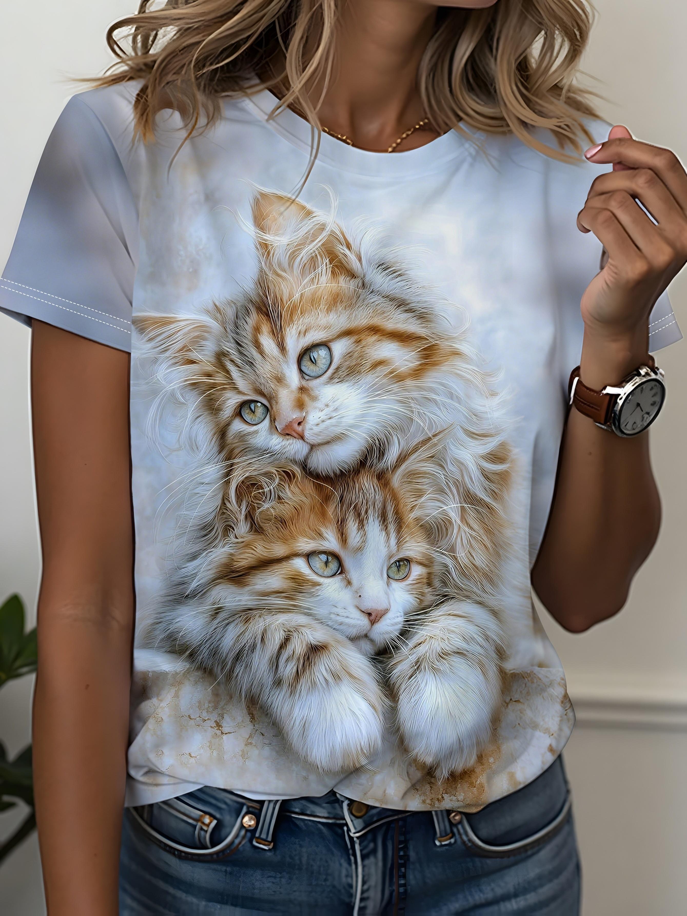 

Women s White Cat-Themed T-Shirt with 3D Realistic Kitten ; Cubic Cat Print - Short Sleeve Round Neck Top for animal Lovers. Casual Daily Wear. Machin XS дубильная кора