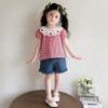 Sweet Summer Outfit Set with Embroidered Lace Collar Plaid Shirt and Solid Denim Pants
