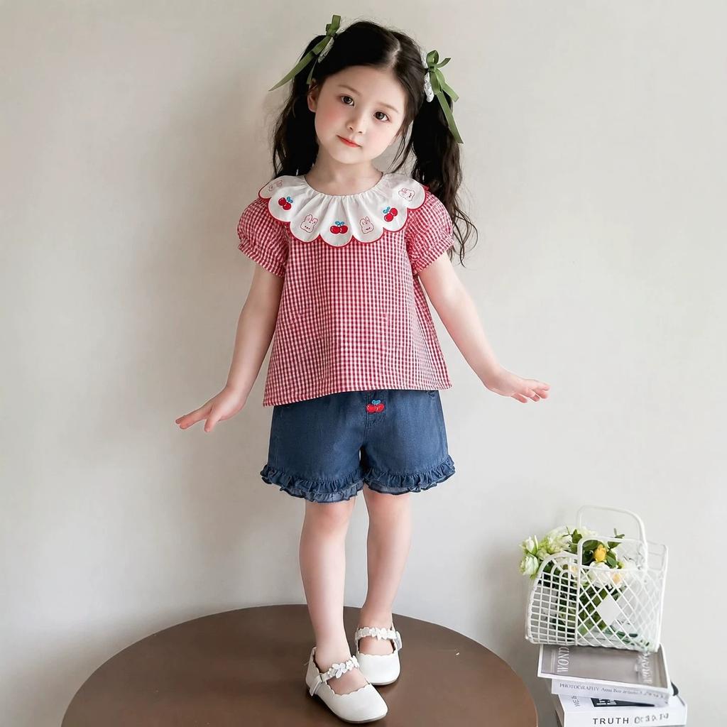 Sweet Summer Outfit Set with Embroidered Lace Collar Plaid Shirt and Solid Denim Pants