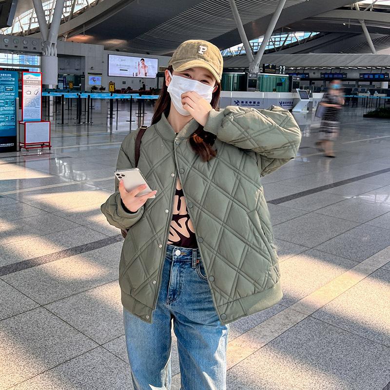 Korean down cotton jacket and cotton jacket women's 2025 new trendy autumn and winter jacket with thin Korean diamond checkered baseball uniform