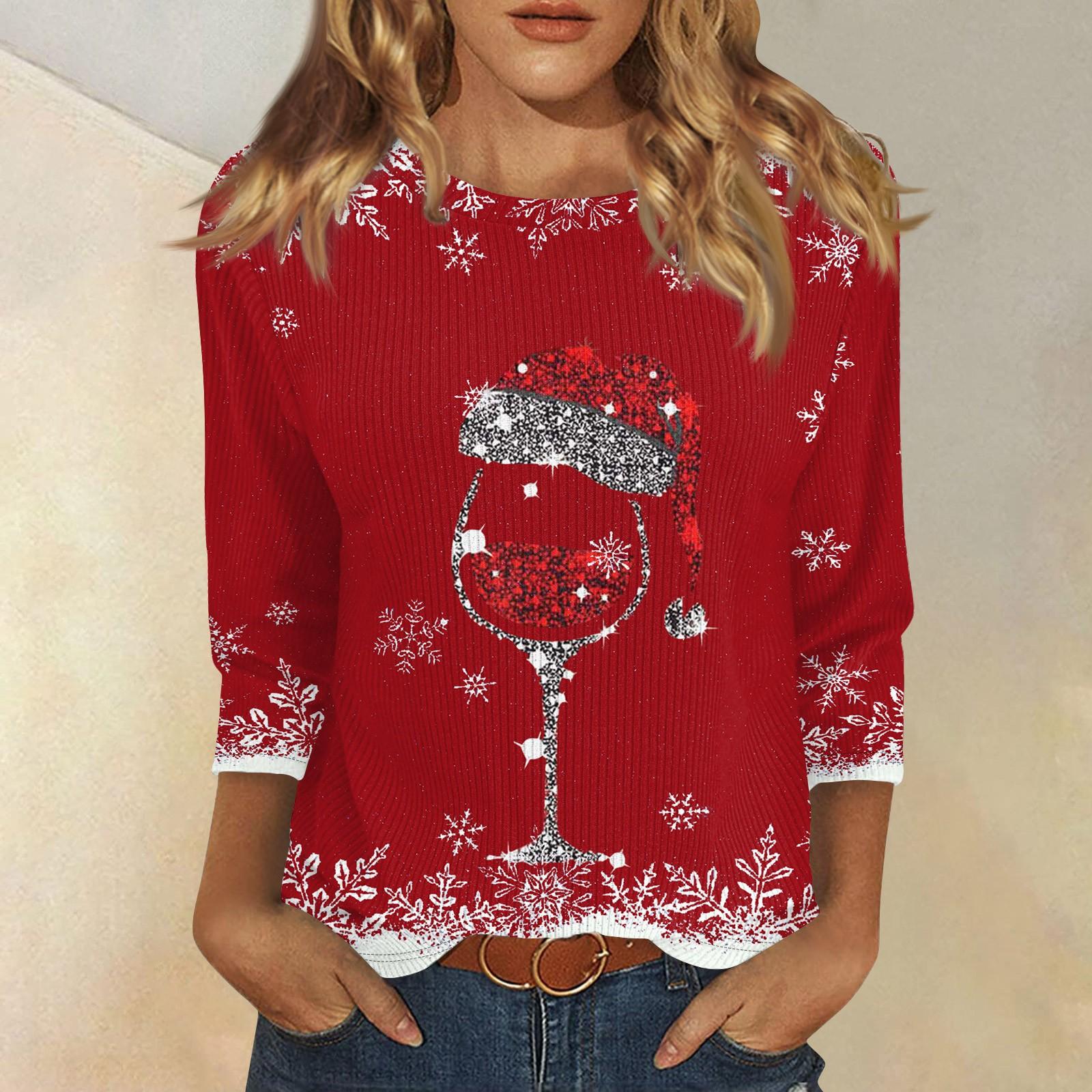 

Женская мода и зима повседневная круглая горловина матовая рубчатая рождественская печать футболка рукав три четверти женская одежда XXL красный