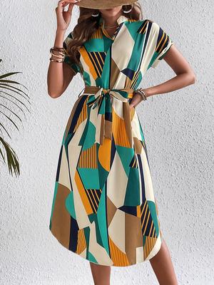 Women's Resort Style Color Block Dress with Belted Waist and Short Sleeves