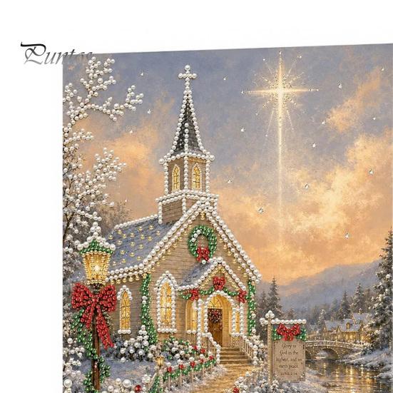 Sparkling Gemstone Kits Christmas Church Faux Pearl Art Kit, Painting DIY 15.75 Round Crafting x 11.81 Inch Beginners Craft for Adults, Relaxing Home