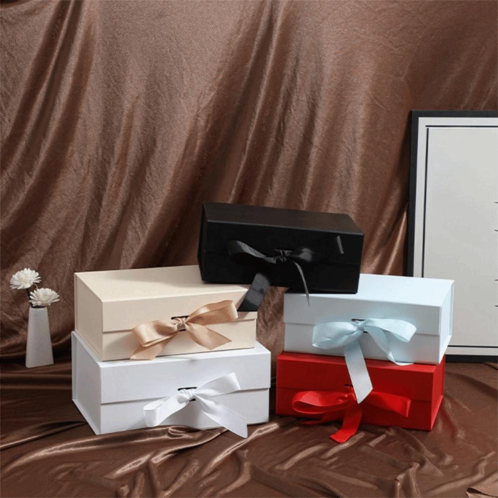 Pure Color Gift Box One-Piece Design Flip Cover Cardboard Folding Box Foldable Ribbon Decoration Wrapping Box Party Supplies