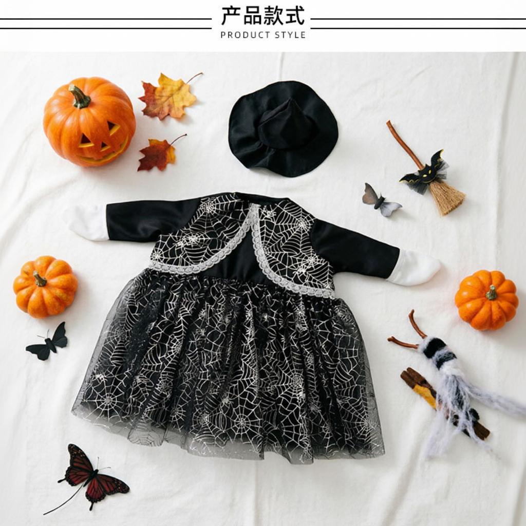 Mini Desktop Goose Set with Witch Costume Web Print Dress Hat and Broom for Decorative Display or Seasonal Tabletop Use