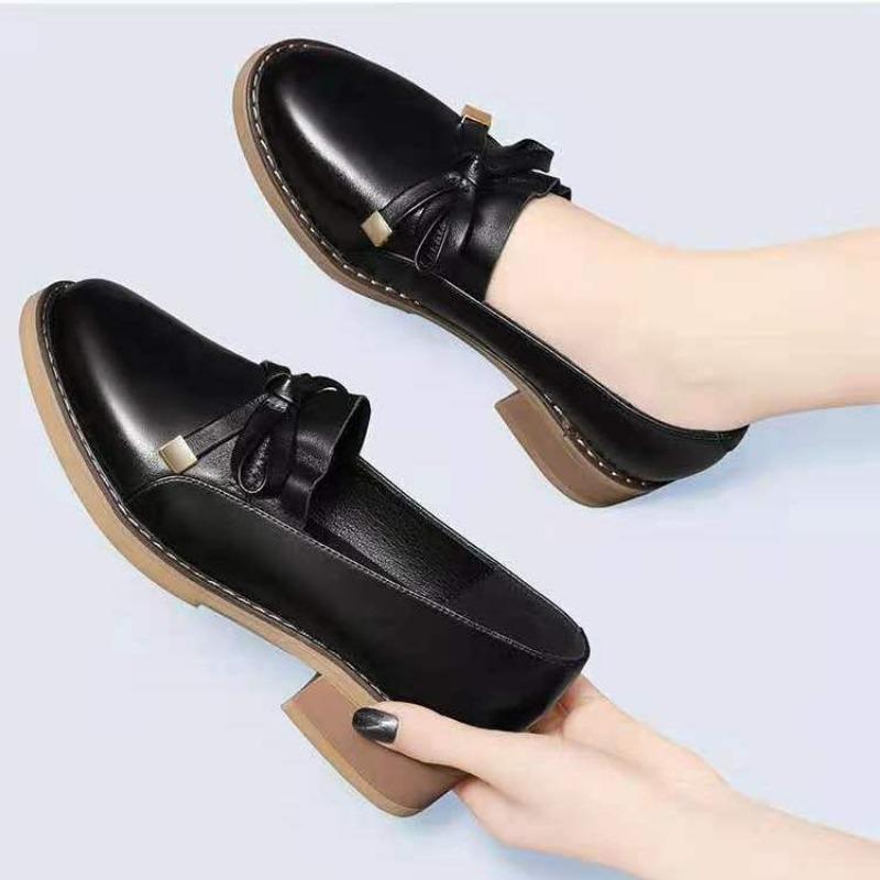 Women's Shoes Round Toe with Bow Leather Casual Medium Heels Ladies Pumps Vacation Stylish Footwear on Offer Chic Point Discount