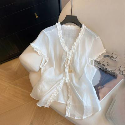 Women's Summer Sheer Chiffon Blouse Ruffle Trim V-neck Short Sleeve Casual Top
